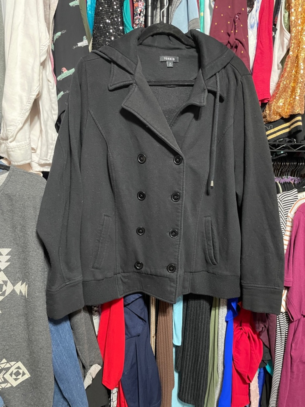 #301 size 3 torrid Black Double-Breasted Hooded pea coat Jacket w/ Front Pockets